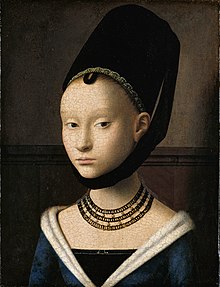 Petrus Christus, Portrait of a Young Girl, after 1460, Gemaldegalerie, Berlin. One of the first portraits to present its sitter in a three-dimensional room. Many sources mention her enigmatic and complex expression, and petulant, reserved gaze. Petrus Christus - Portrait of a Young Woman - Google Art Project.jpg
