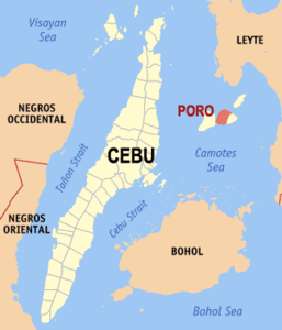 Location of the island of Poro - the municipality of Poro on the western part of the island is marked