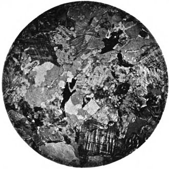 Photomicrograph of the Woodstock Quartz Monzonite. Field is about 0.85 cm, under crossed polarized light (1898) Photomicrograph granite PlateXVII Fig1 MD Geological Survey Volume 2.jpg