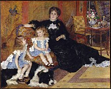 A painting of a woman, two children, and a dog. The woman wears a black dress with white trim.