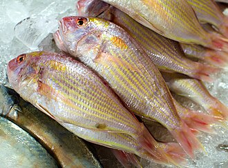 Ornate threadfin bream (Nemipterus hexodon) is often eaten deep-fried in Thai cuisine Pla sai daeng.jpg