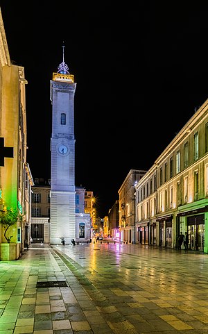 Place de l'Horloge in Nîmes at night, Gard, France