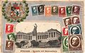 Carte postale de 1918 : la Bavaria, le Ruhmeshalle, les armoiries bavaroises et un timbre représentant Louis III de Bavière
