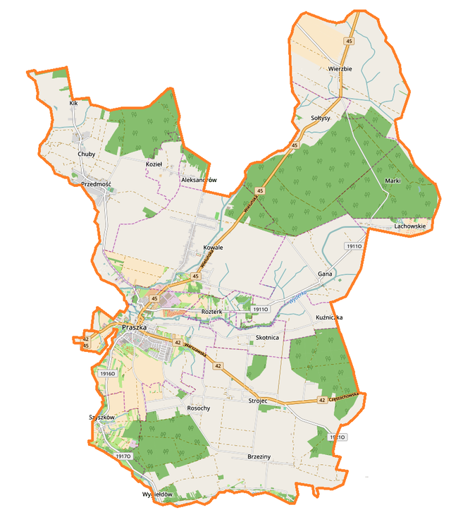 Mapa konturowa gminy Praszka, blisko centrum po lewej na dole znajduje się punkt z opisem „Praszka”