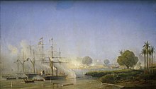 Un tableau représentant des navires à voile pénétrant dans une baie, sur fond de fumées de bombardements.