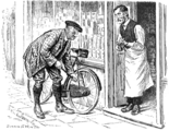 Illustration from "Punch" Magazine, November 11th, 1914.Cyclist. "Many recruits gone from this village?"Shopkeeper. "No, Sir."Cyclist. "Oh, why's that?"Shopkeeper. "Well, Sir, after going carefully into the matter, we, in this neighbourhood, decided to remain absolutely neutral."