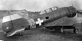 Repülőtér, 1944. április 13. Kass Ferenc őrmester légiharcban megsérült MÁVAG Héja II. vadászrepülőgépe. Fortepan 9233.jpg