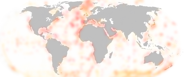 Mapa ukazująca rozpowszechnienie Rhizaria na świecie