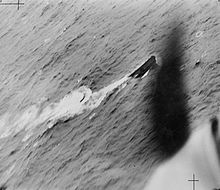 U-751 disabled, unable to dive and circling, apparently out of control following an attack on 17 July 1942. It was later attacked and sunk by a Lancaster of No 61 Squadron, seconded to Coastal Command. Royal Air Force 1939-1945- Coastal Command C3143.jpg