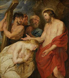 Christ and the Penitent Sinners (1617) by Peter Paul Rubens is a typical example of how Mary Magdalene was portrayed during the Baroque era, emphasizing her erotic allure and blurring the lines between religious and erotic art. RubensSimonCyreneCarriesCross.jpg