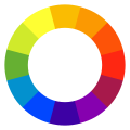Diskret farvecirkel med det subtraktive CMYK (cyan, magenta, gul farverne) farvesystem.