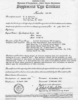 <span class="mw-page-title-main">Supplemental type certificate</span> Document of approval for modifications or repairs to an aircraft