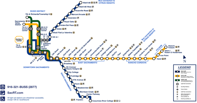 The Blue line forms the north–south route, and the Gold Line forms the east–west route. The Central City fare zone is located to the west