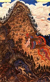 Illustrazione di tipo orientale di un uccello multicolore che trasporta un bambino negli artigli sulla cima di una montagna.