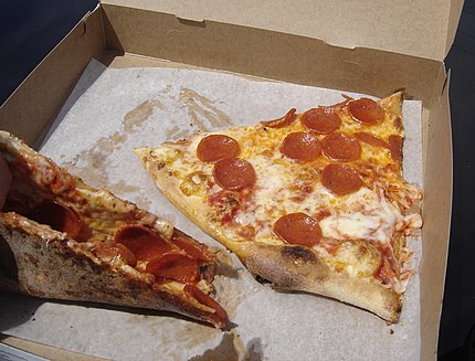 New York-style pepperoni pizza, displaying its characteristic thin foldable crust