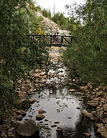 Soda Creek, looking toward the Yampa River confluence, by the Bud Werner Memorial Library in Steamboat Springs