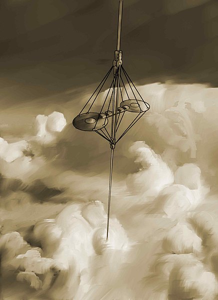 A conceptual drawing of a space elevator climber ascending through the clouds.