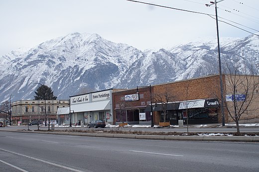 Main Street with the snowy Wasatch Mountains in the background