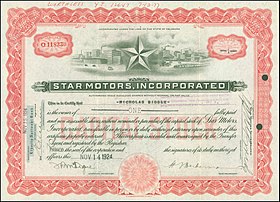 Share of the Star Motors, Inc., issued 14. November 1924 Star Motors, Inc. 1924.jpg