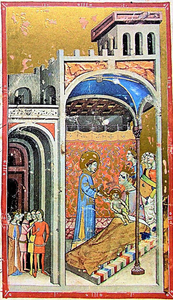 Stephen's birth depicted in the Illuminated Chronicle