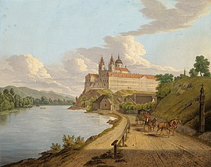 L'abbaye de Melk, au-dessus du Danube, sur une gravure ancienne.