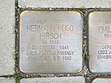 der Stolperstein für Hermann Hugo Hirsch vor dem Haus Erzbergerplatz 10 in Köln-Nippes Object location 50° 58′ 01.34″ N, 6° 57′ 08.1″ E  View all coordinates using: OpenStreetMap