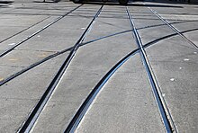 Cyclists in Toronto need to be careful when traversing over TTC streetcar track, as bicycle tires may get stuck in them. Streetcar rails in Toronto.jpg