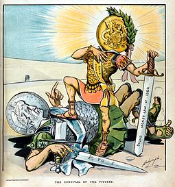 A 1900 cartoon from Puck magazine shows the gold standard, represented by the double eagle, triumphant over the silver. Survival of the Fittest.jpg