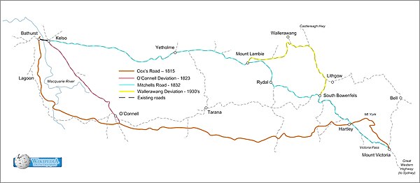 Schéma zobrazující silniční trasy Mount Victoria - Bathurst, část Sydney - Bathurst Road - Cox's Road 1815, O'Connell Deviation 1823, Mitchell's Road 1832 a Wallerawang Deviation 1930.