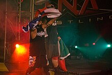 Erazo hoisting the flag of Puerto Rico TNA Bound to Glory IV (49 of 136).jpg