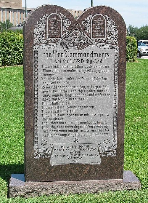 The Ten Commandments on a monument on the grounds of the Texas State Capitol. The third non-indented commandment listed is "Remember the Sabbath day, to keep it holy".
