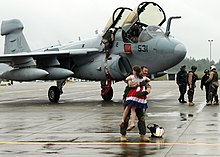 Returning Navy pilot is greeted by his daughter. US Navy 100606-N-9860Y-002 Cmdr. Chris Bergen, from Jefferson Township, N.J. executive officer of the Wizards of Electronic Attack Squadron (VAQ) 133, is greeted by his daughter.jpg