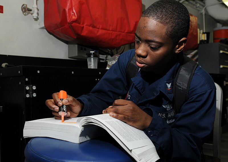 File:US Navy 120204-N-TU894-044 Aviation Ordnanceman 3rd Class Angela M. Roberts studies for an advancement exam aboard the aircraft carrier USS George.jpg