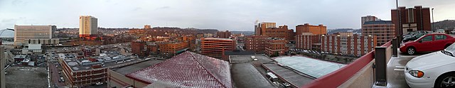 A panoramic view of Pittsburgh's Bluff or Uptown neighborhood from the top of a parking garage at Duquesne University from January 2008