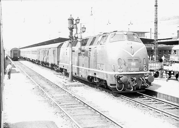 V200 number 010 pulling passenger train in West Germany, c. 1961