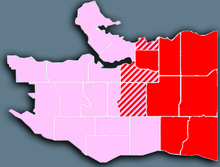 Solid red neighbourhoods are always considered part of East Vancouver, while striped neighbourhoods are sometimes considered part of East Vancouver. Vancouver EastVan-2.PNG