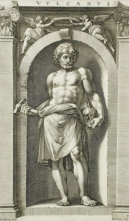 An engraving of Vulcan holding his tools.