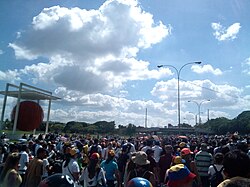 Venezuelans marching on 20 May during the We Are Millions march in the Francisco Fajardo Freeway. We Are Millions March Venezuela 2017.jpg