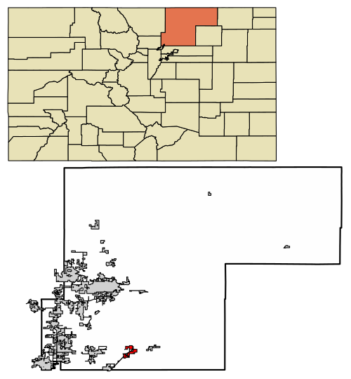 Location of Hudson in Weld County, Colorado.