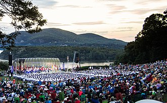The Trophy Point Amphitheater hosts cadet ceremonies as well as free summer concerts. West Point's Trophy Point Amphitheater (improved version).jpg