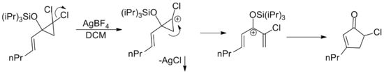 Nazarov cyclization initiated by dichlorocyclopropane rearrangement Westchloro.png