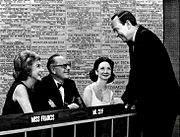 (l-r) Arlene Francis, Bennett Cerf, Dorothy Kilgallen and John Daly on the 15th anniversary show in 1965 What's My Line 1965.JPG