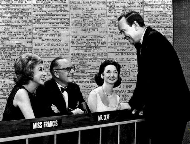 (l–r) Arlene Francis, Bennett Cerf, Dorothy Kilgallen and John Daly on the 15th anniversary show in 1965