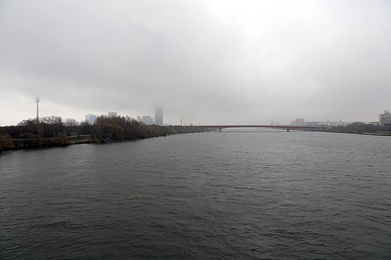 A cold, wet and hazy day with low-lying clouds at Danube river in Vienna