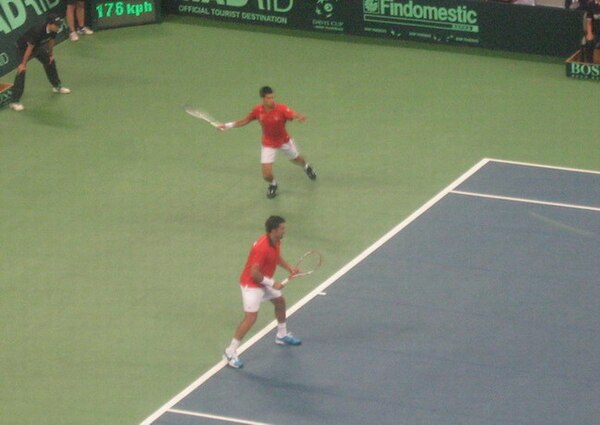 Zimonjić (in the front) with Novak Djokovic during the Davis cup match against Czech Republic