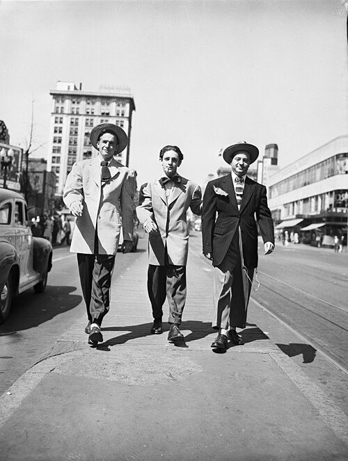 This photograph of three men sporting variations on the zoot suit was taken by Oliver F. Atkins.