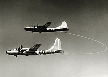 The US Air Force Boeing B-50 Superfortress Lucky Lady II being refueled by grappled-line looped-hose during the first non-stop circumnavigation of the world by air (1949) 'Lucky Lady II" being refuelled by B-29M 45-21708 061215-F-1234S-002.jpg