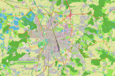 Mapa konturowa Czeskich Budziejowic, blisko centrum na lewo znajduje się punkt z opisem „Uniwersytet Południowoczeski w Czeskich Budziejowicach”
