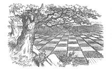 Illustration from the book Through the Looking-Glass by Lewis Carroll, where the chessboard is represented by fields and brooks that Alice must traverse Sachovnice.jpg