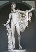 Léocharès, Apollon du Belvédère, ch.  130–140 CE.  Copie romaine d'après un original grec en bronze de 330–320 avant notre ère.  Musées du Vatican